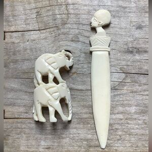 Carved Bone Letter Opener and Elephant Figure